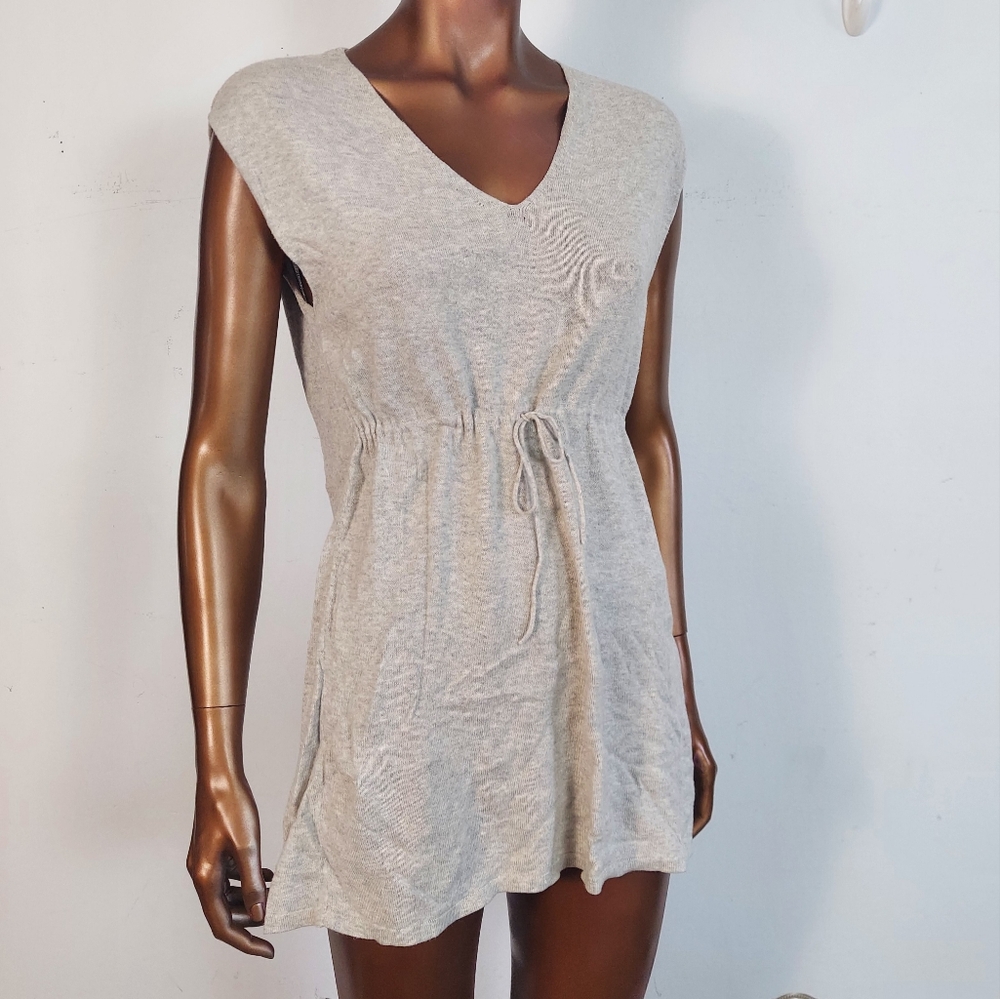 Eileen Fisher Heathered Light Gray V-Neck Drawstring Mini Dress